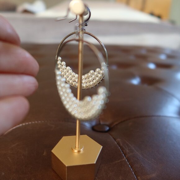 Chan Luu tiny pearl and silver front facing hoops earrings 2" long drops - Picture 7 of 13